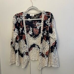 EMBER TOP, WOMENS, PALM LEAVES, LONG SLEEVE, OPEN FRONT, CROCHET LACE, SIZE-L